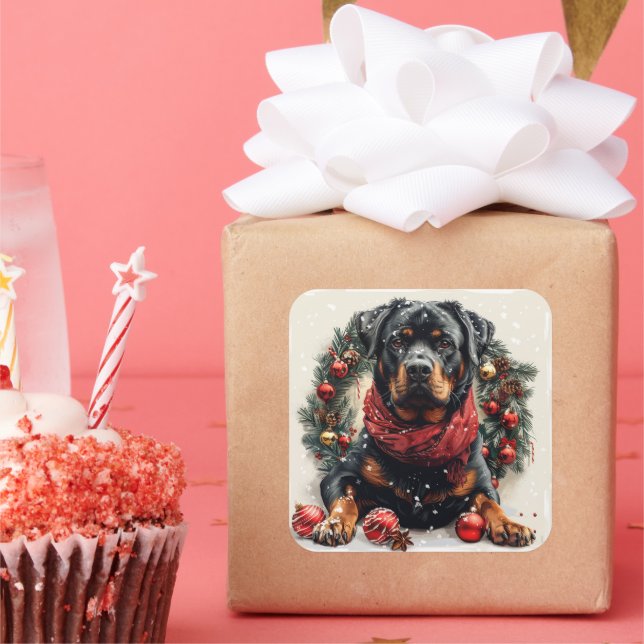 Rottweiler with Christmas Wreath Square Sticker (Party)