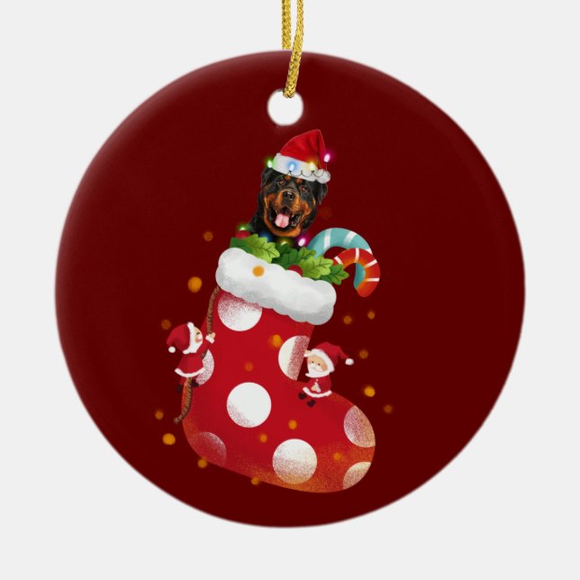 Rottweilers With Hat Sock Christmas Ceramic Ornament (Front)