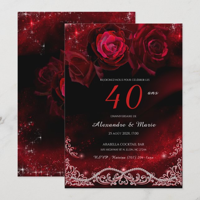 Rouge et Noir 40e Anniversaire de Mariage Invitation (Front/Back)