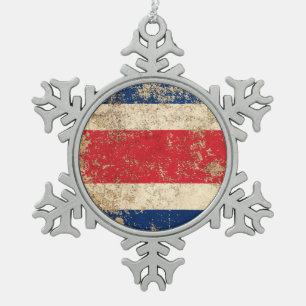 Rough Aged Vintage Costa Rica Flag Snowflake Pewter Christmas Ornament