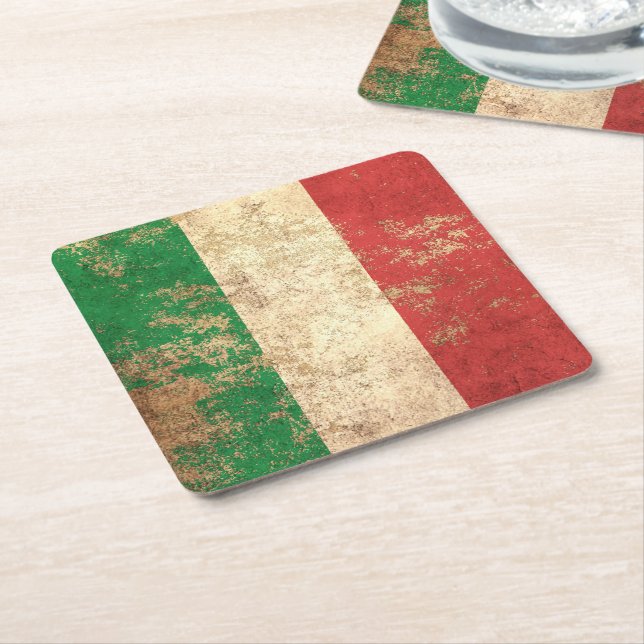 Rough Aged Vintage Italian Flag Square Paper Coaster (Angled)