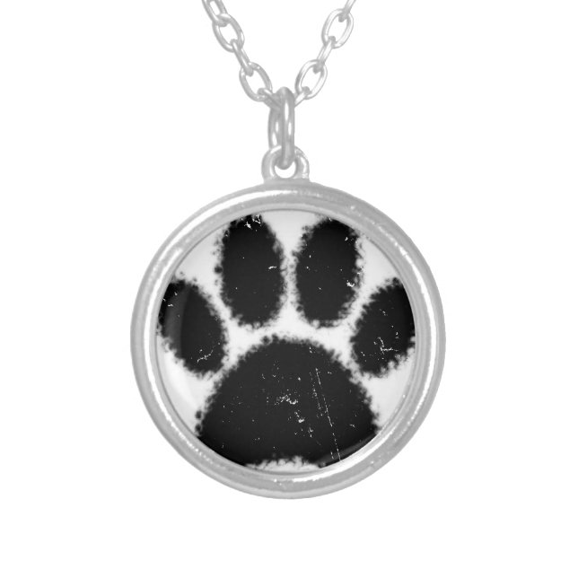 Rough And Distressed Dog Paw Print Silver Plated Necklace (Front)