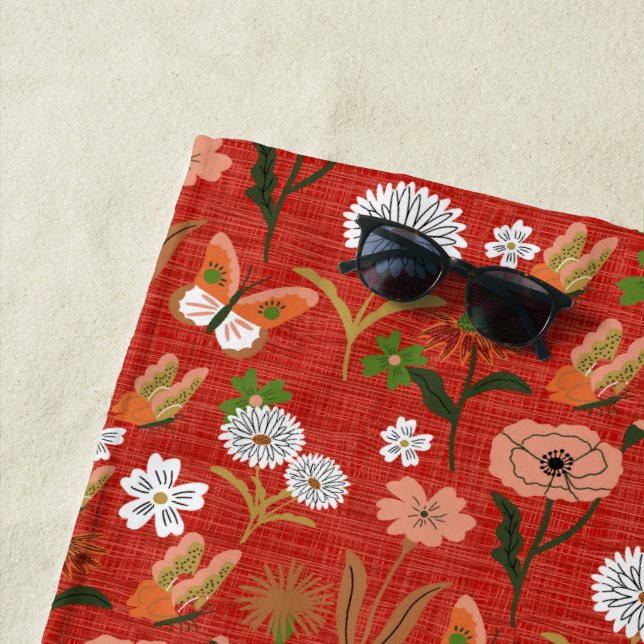 Rough Bamboo Floral Butterfly Shamrocks in Red Beach Towel (In Situ)