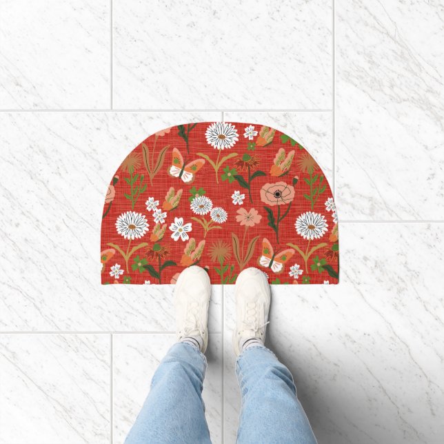 Rough Bamboo Floral Butterfly Shamrocks in Red Doormat (Indoor)