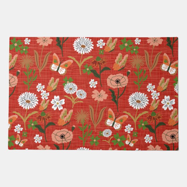 Rough Bamboo Floral Butterfly Shamrocks in Red Doormat (Front)
