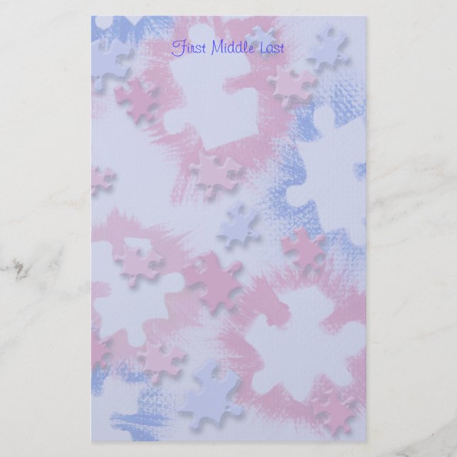 Rough Brushed Pink Blue Puzzle Pieces Personalized Stationery (Front)