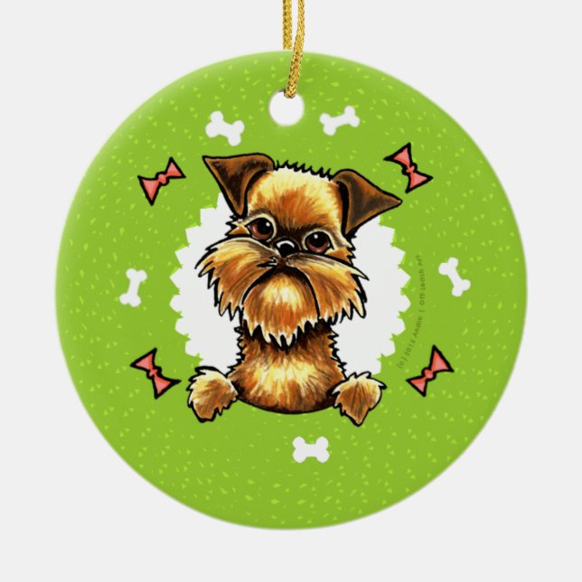 Rough Brussels Griffon Dog Bones Christmas Wreath Ceramic Ornament (Front)