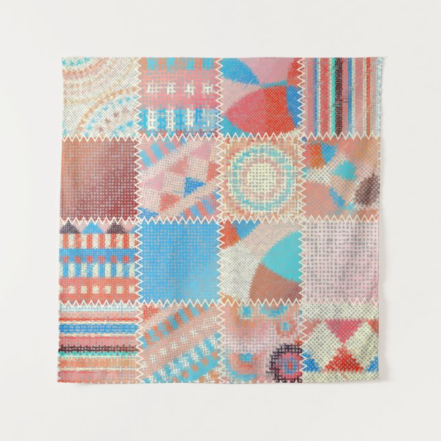 Rough Canvas Patchwork: Textured Vintage Pattern Tapestry (Front)