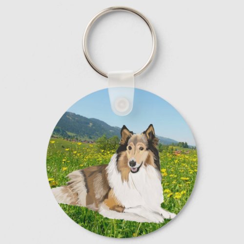 Rough Collie against a buttercup meadow Keychain