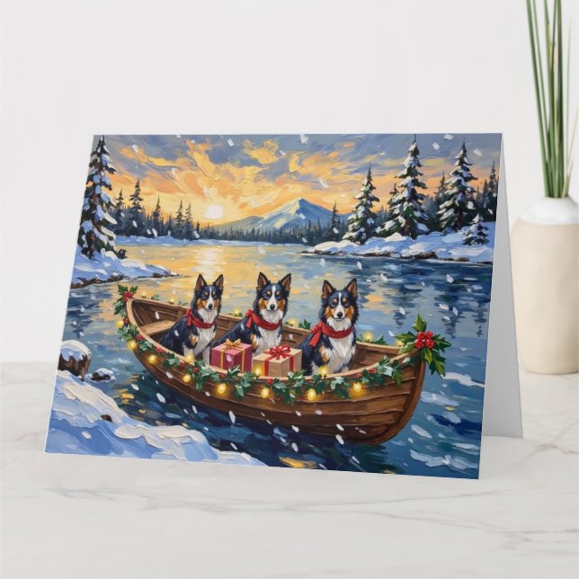 Rough Collie Christmas Boat Holiday Card (Front)