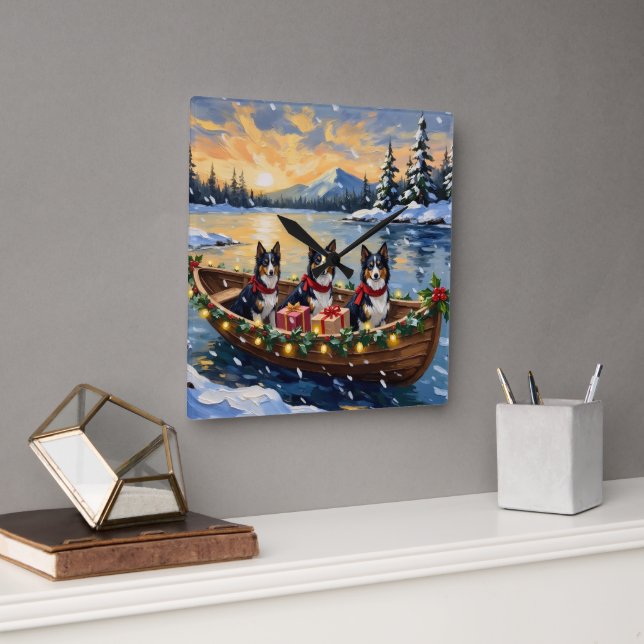Rough Collie Christmas Boat Holiday Square Wall Clock (Office)