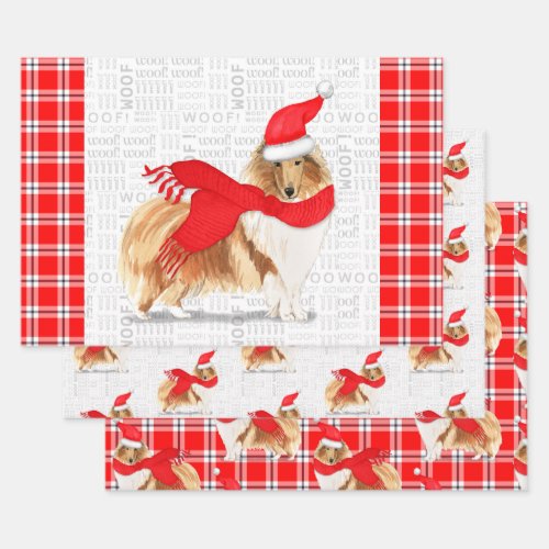 Rough Collie Christmas Dog and Red Holiday Plaid Wrapping Paper Sheets