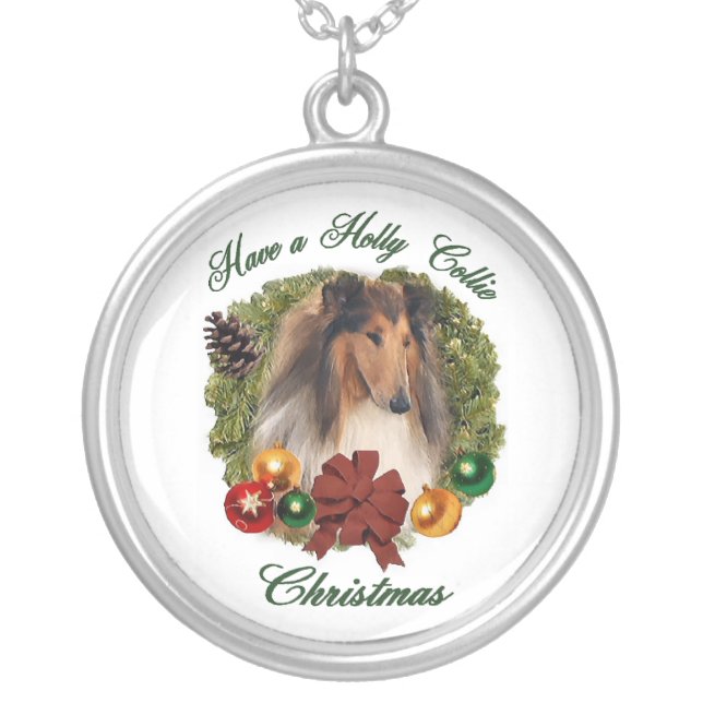 Rough Collie Christmas Gifts Silver Plated Necklace (Front)