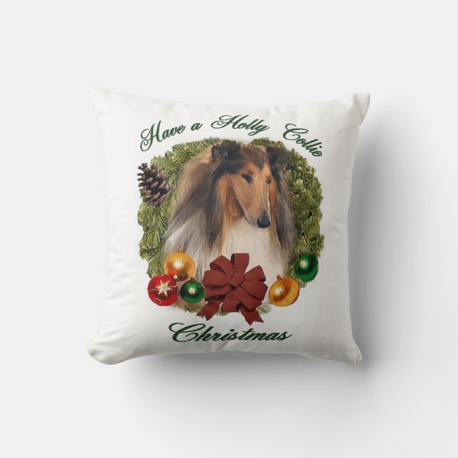 Rough Collie Christmas Throw Pillow (Front)