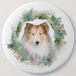 Rough Collie Christmas Wreath Festive Pup Button