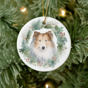 Rough Collie Christmas Wreath Festive Pup Ceramic Ornament