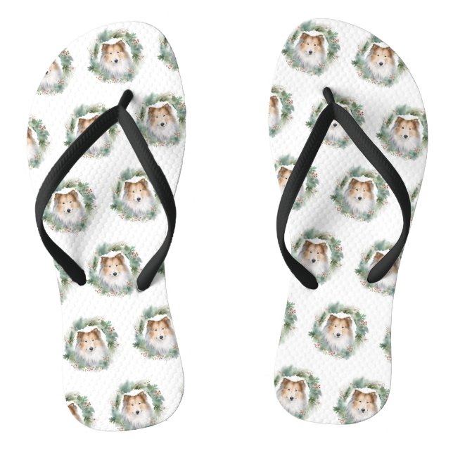 Rough Collie Christmas Wreath Festive Pup  Flip Flops (Footbed)
