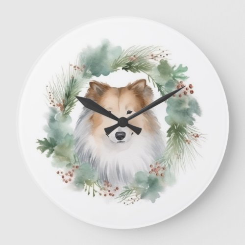 Rough Collie Christmas Wreath Festive Pup  Large Clock