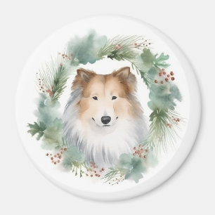 Rough Collie Christmas Wreath Festive Pup Magnet