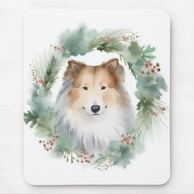 Rough Collie Christmas Wreath Festive Pup  Mouse Pad (Front)