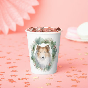 Rough Collie Christmas Wreath Festive Pup Paper Cups