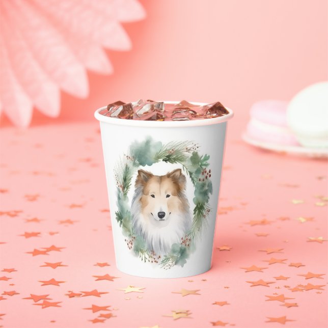 Rough Collie Christmas Wreath Festive Pup  Paper Cups (Insitu)