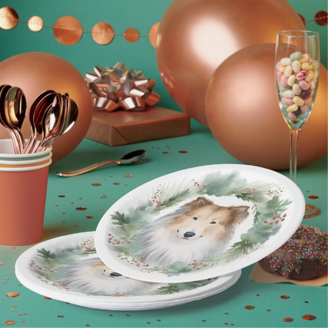 Rough Collie Christmas Wreath Festive Pup  Paper Plates (Multi)