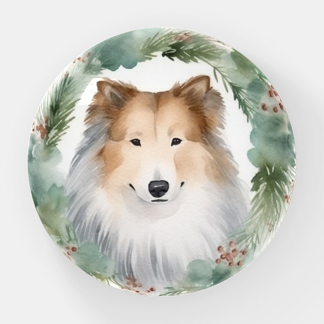 Rough Collie Christmas Wreath Festive Pup  Paperweight (Front)