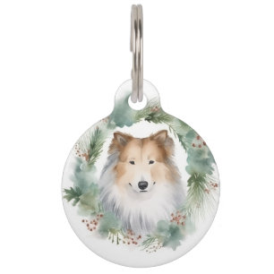 Rough Collie Christmas Wreath Festive Pup Pet ID Tag
