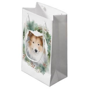 Rough Collie Christmas Wreath Festive Pup  Small Gift Bag