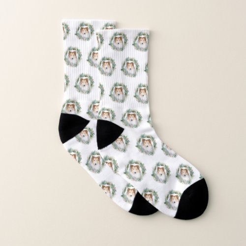 Rough Collie Christmas Wreath Festive Pup  Socks