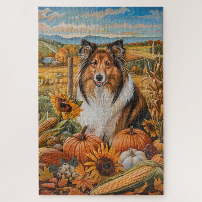 Rough Collie Dog Autumn Harvest Thanksgiving Jigsaw Puzzle (Vertical)