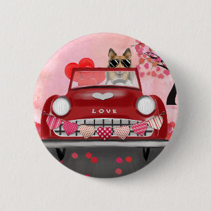 Rough Collie Dog Car with Hearts Valentine's Button