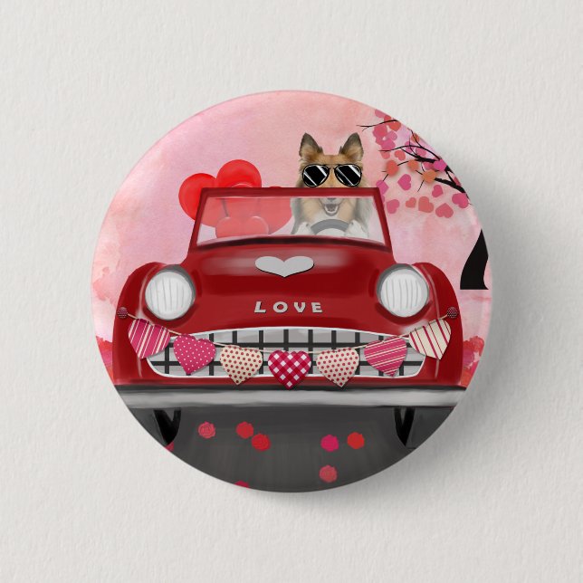 Rough Collie Dog Car with Hearts Valentine's  Button (Front)