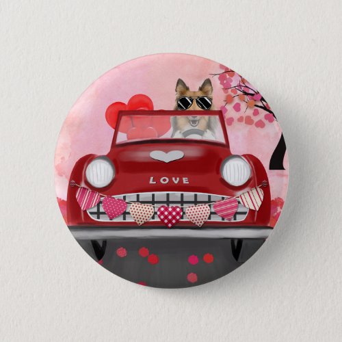 Rough Collie Dog Car with Hearts Valentines  Button