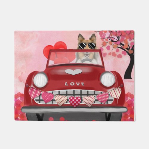 Rough Collie Dog Car with Hearts Valentines Doormat