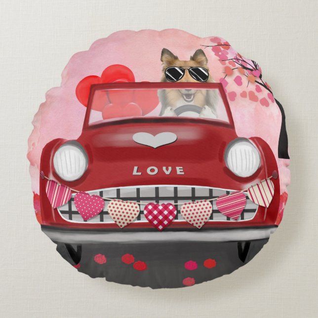 Rough Collie Dog Car with Hearts Valentine's  Round Pillow (Front)