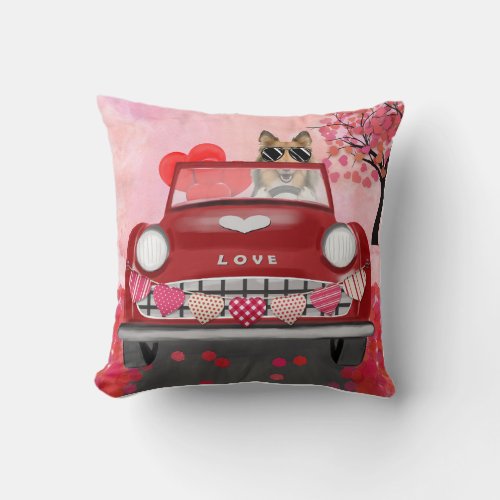 Rough Collie Dog Car with Hearts Valentines Throw Pillow