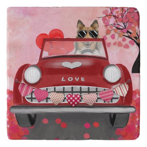 Rough Collie Dog Car with Hearts Valentines  Trivet