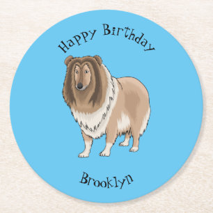 Rough collie dog cartoon illustration round paper coaster