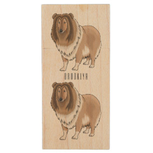 Rough collie dog cartoon illustration wood flash drive