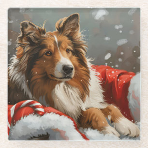 Rough Collie Dog Christmas Festive Glass Coaster