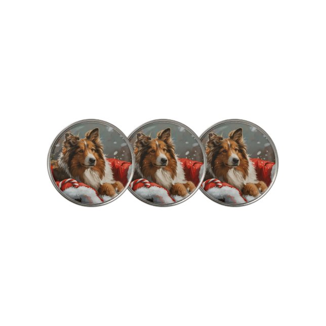 Rough Collie Dog Christmas Festive Golf Ball Marker (3 Up)