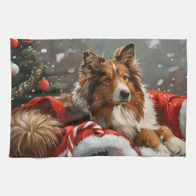 Rough Collie Dog Christmas Festive Kitchen Towel (Horizontal)