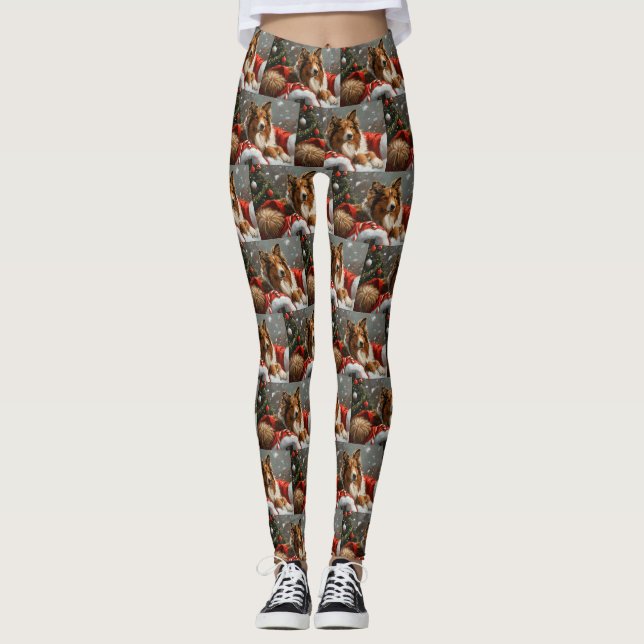 Rough Collie Dog Christmas Festive Leggings (Front)