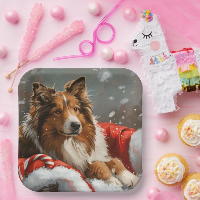Rough Collie Dog Christmas Festive Paper Plates (Party)