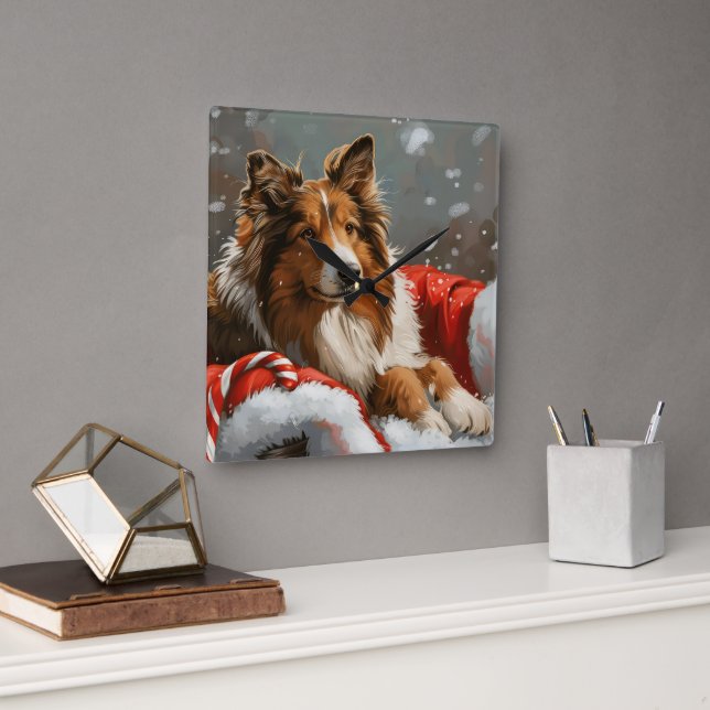 Rough Collie Dog Christmas Festive Square Wall Clock (Office)