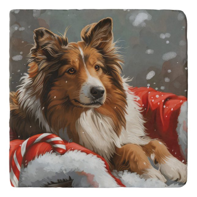 Rough Collie Dog Christmas Festive Trivet (Front)