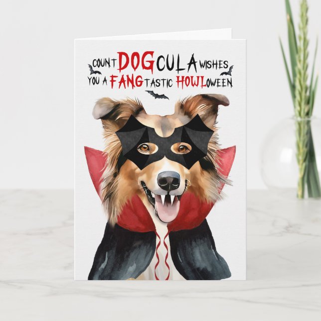 Rough Collie Dog Count DOGcula Halloween Holiday Card (Front)
