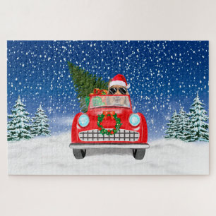 Rough Collie Dog Driving Car In Snow Christmas Jigsaw Puzzle